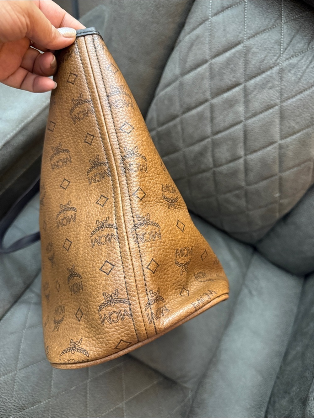 MCM Cognac Visetos Tote with Dark Brown Handles and Bone Charm - Picture 3 of 7